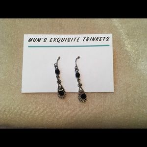 Fish Hook Silver & Black Crystal Dangle Earrings
